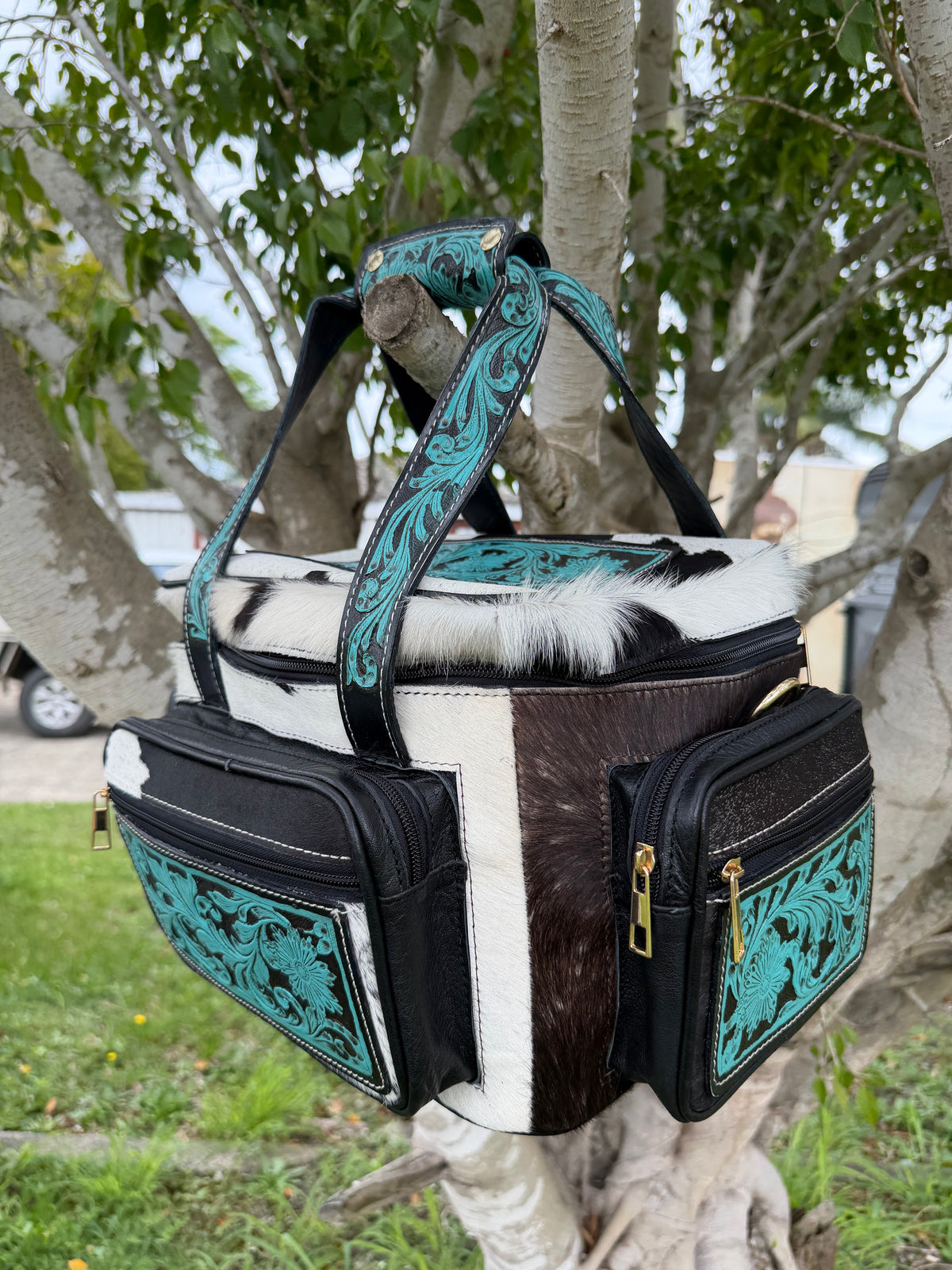 Cowhide and Tooled Leather Lunch/ Day bag