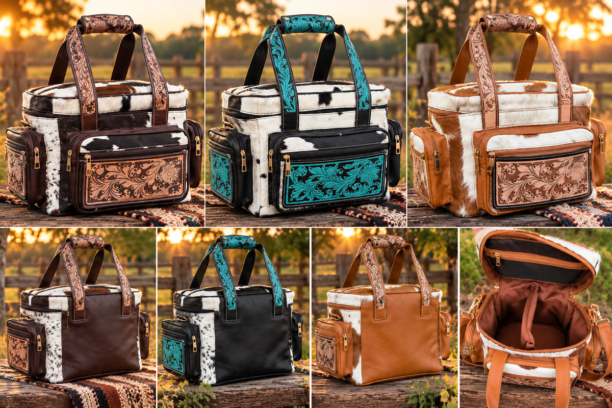 Cowhide and Tooled Leather Lunch/ Day bag