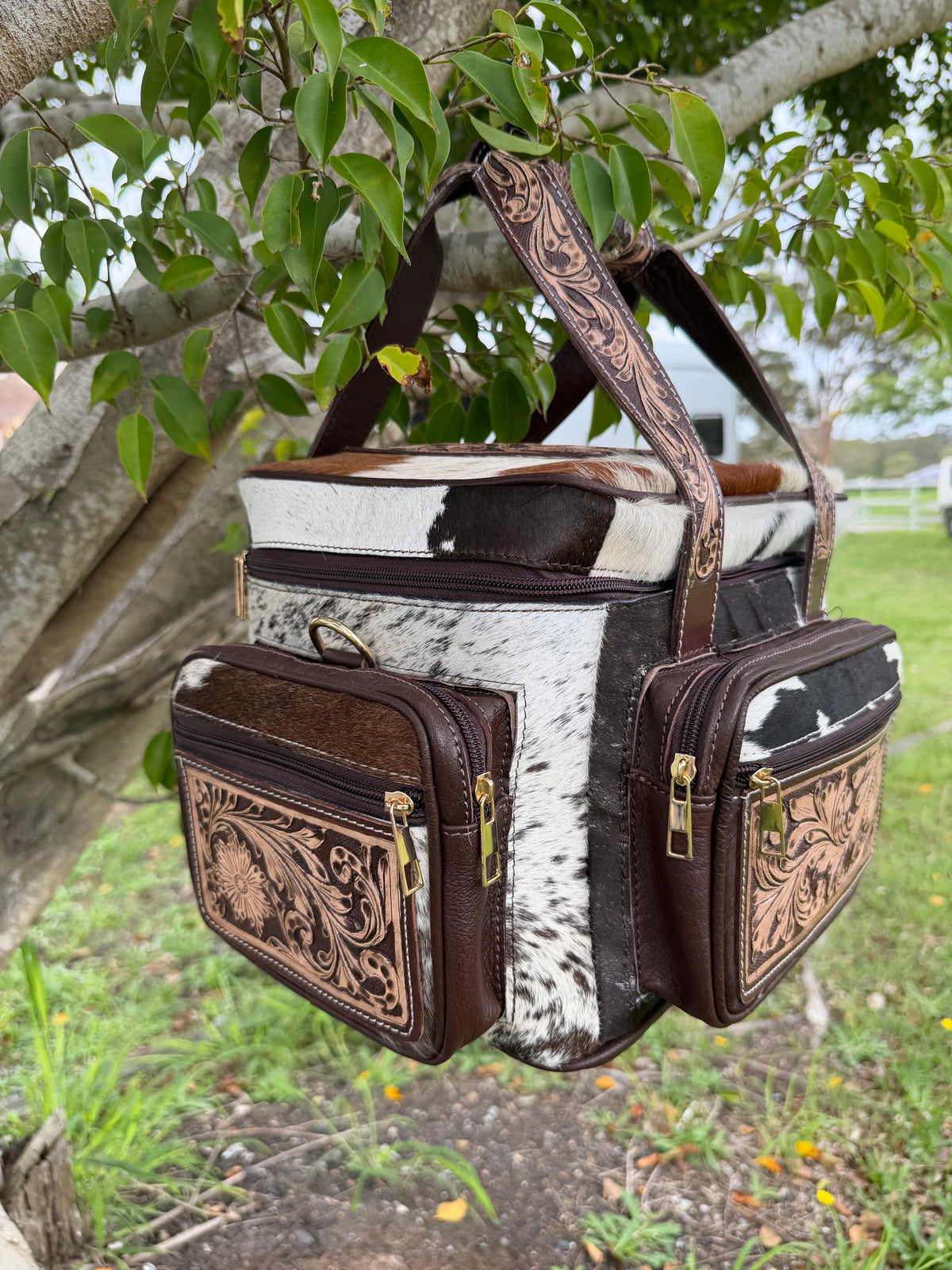 Cowhide and Tooled Leather Lunch/ Day bag