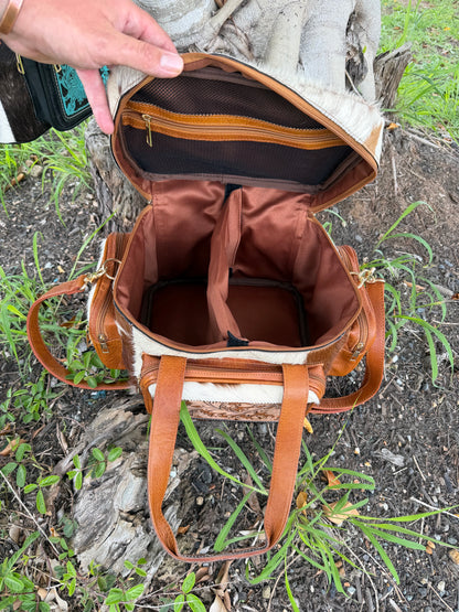 Cowhide and Tooled Leather Lunch/ Day bag